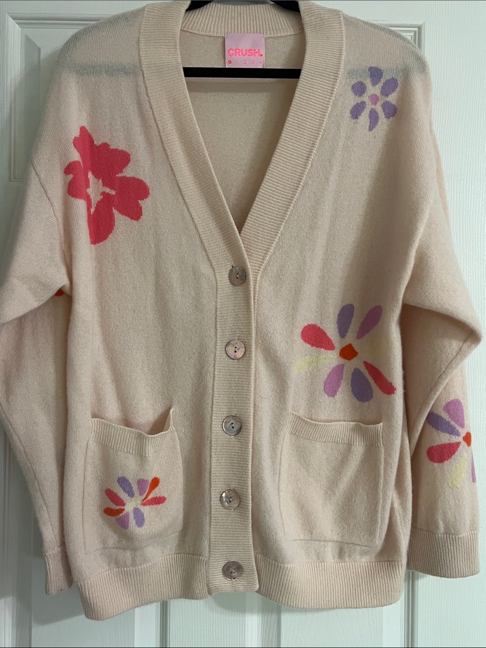 Crush Pink Floral 100% Cashmere Cardigan Sweater